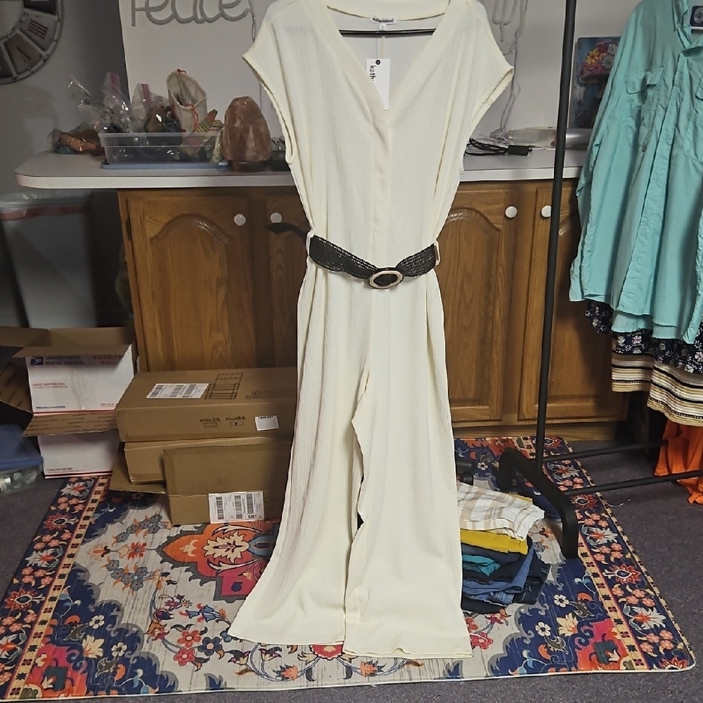 Kathy Ireland Elegant Cream Jumpsuit with Black Belt. NWT